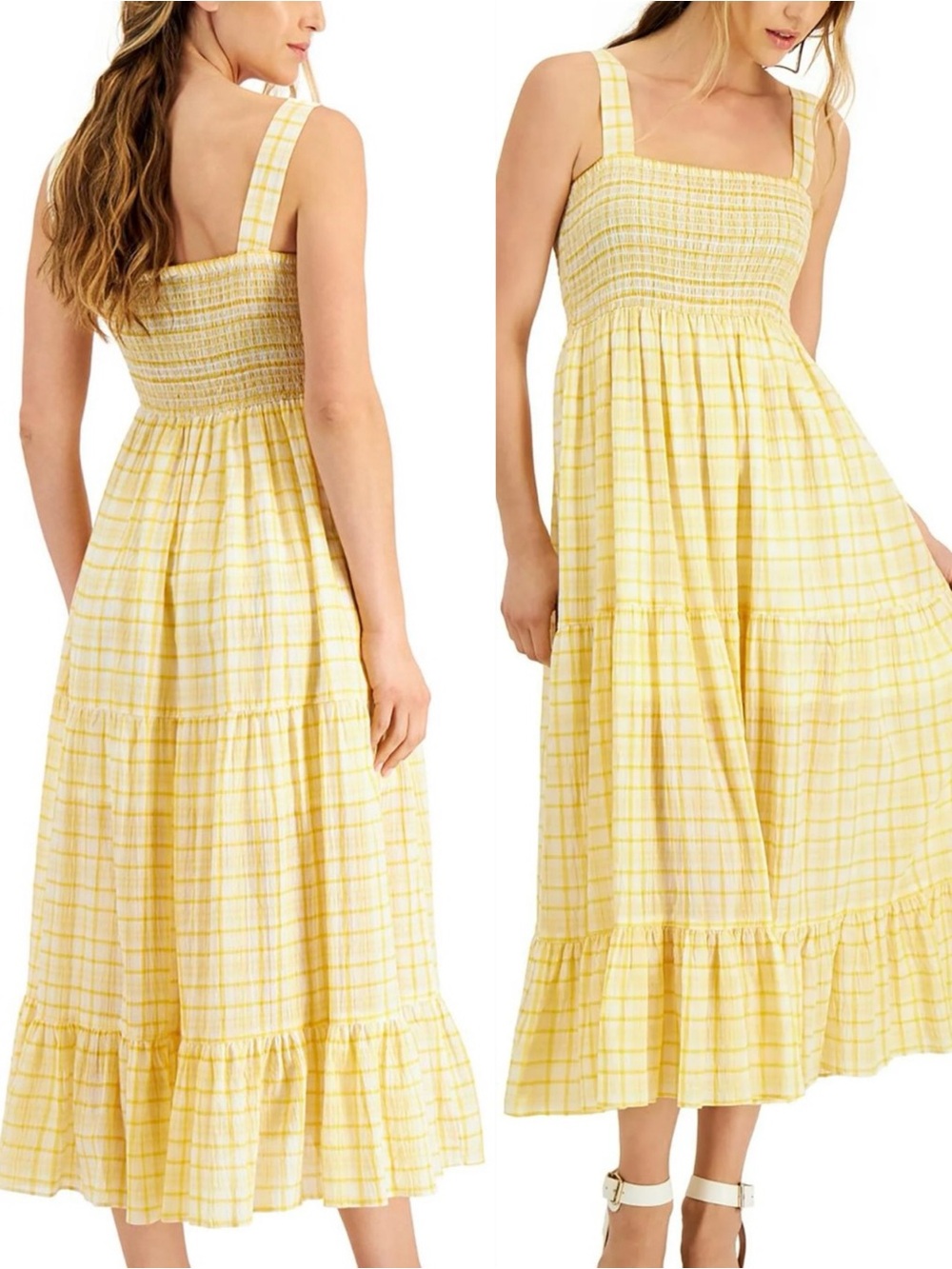 NEW Tommy Hilfiger Yellow Gingham Midi Dress Smocked Sundress Tiered